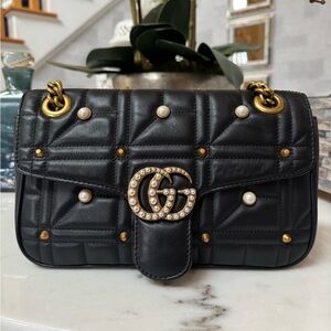 Gucci Black Leather Shoulder Bag with Gold and Pearl Accents